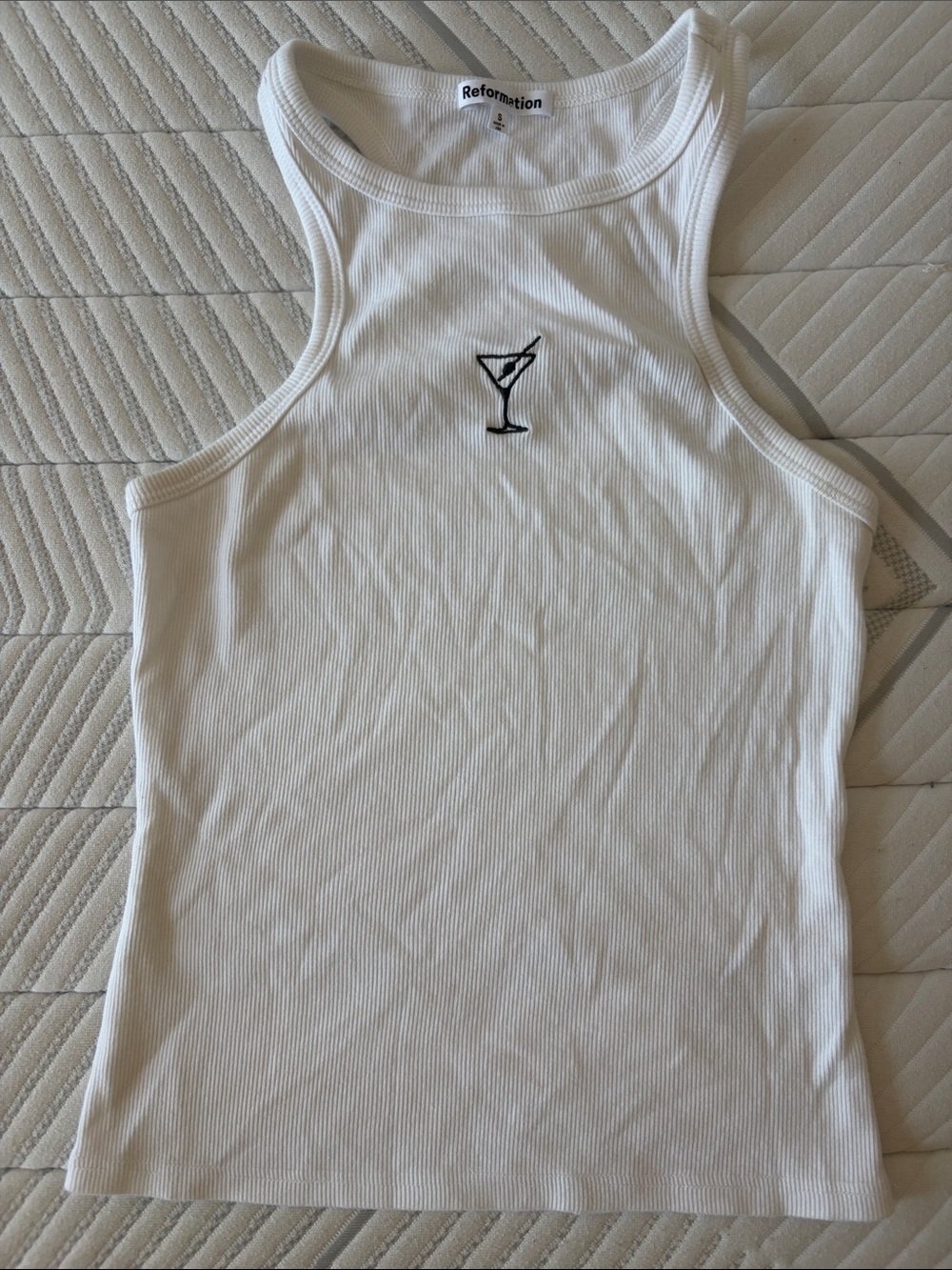 Reformation White Ribbed Tank with Martini Embroidery